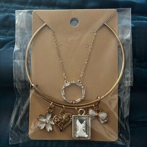 Gold-Tone Charm Bangle & Pendant Necklace Set — Gold with White Accents